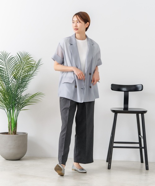 fort point(フォーポイント)の「【C-FORT POINT/フォートポイント】涼しい羽織り シアー素材 半袖 ダブルテーラードジャケット きれいめ オフィス 通勤 冷房対策 韓国ファッション 大人カジュアル(テーラードジャケット・レディース・ブラック/ブラウン/グレー・FREE)」の12枚目の写真