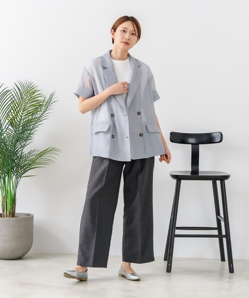 fort point(フォーポイント)の「【C-FORT POINT/フォートポイント】涼しい羽織り シアー素材 半袖 ダブルテーラードジャケット きれいめ オフィス 通勤 冷房対策 韓国ファッション 大人カジュアル(テーラードジャケット・レディース・ブラック/ブラウン/グレー・FREE)」の14枚目の写真