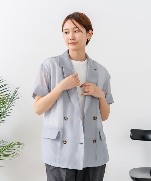 fort point(フォーポイント)の「【C-FORT POINT/フォートポイント】涼しい羽織り シアー素材 半袖 ダブルテーラードジャケット きれいめ オフィス 通勤 冷房対策 韓国ファッション 大人カジュアル(テーラードジャケット・レディース・ブラック/ブラウン/グレー・FREE)」の16枚目の写真