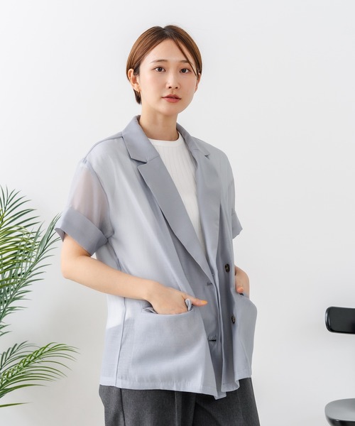 fort point(フォーポイント)の「【C-FORT POINT/フォートポイント】涼しい羽織り シアー素材 半袖 ダブルテーラードジャケット きれいめ オフィス 通勤 冷房対策 韓国ファッション 大人カジュアル(テーラードジャケット・レディース・ブラック/ブラウン/グレー・FREE)」の17枚目の写真