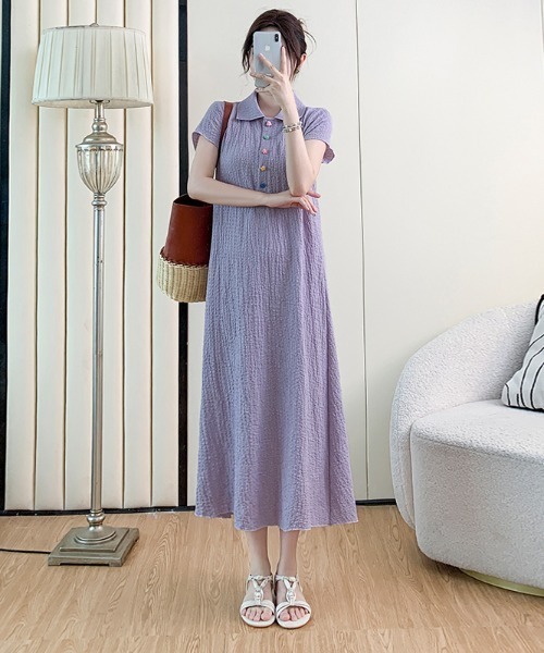 AMAJI（アマジ）の「ポロカラー フロントボタン 半袖 ロングワンピース（ワンピース・レディース・パープル・XX-LARGE/X-LARGE/LARGE）」の2枚目の写真