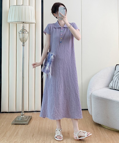 AMAJI（アマジ）の「ポロカラー フロントボタン 半袖 ロングワンピース（ワンピース・レディース・パープル・XX-LARGE/X-LARGE/LARGE）」の3枚目の写真