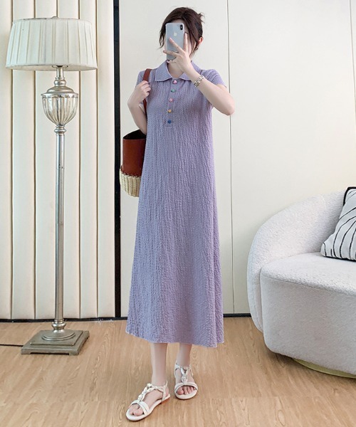 AMAJI（アマジ）の「ポロカラー フロントボタン 半袖 ロングワンピース（ワンピース・レディース・パープル・XX-LARGE/X-LARGE/LARGE）」の4枚目の写真