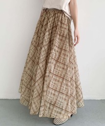 チェック柄シアーAラインフレアロングスカート（ウエストゴム）