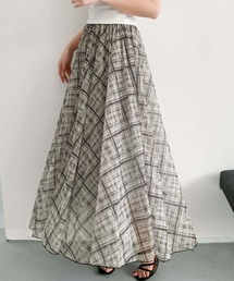 チェック柄シアーAラインフレアロングスカート(ウエストゴム)