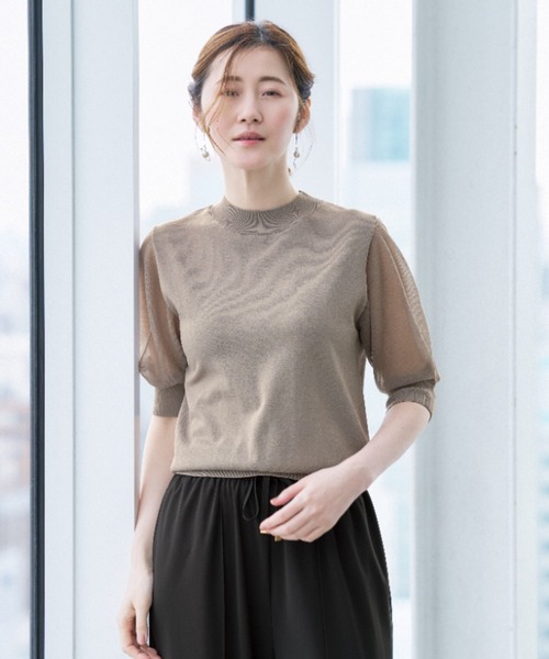 AOYAMA(アオヤマ)の「ハイネックシアースリーブニット【涼】【5分袖】(ニット/セーター・レディース・グレー/ホワイト/ピンク/ネイビー・S/M/L)」の2枚目の写真