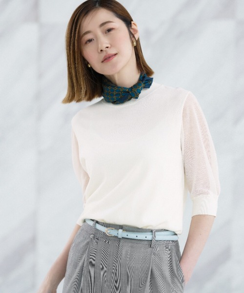 AOYAMA(アオヤマ)の「ハイネックシアースリーブニット【涼】【5分袖】(ニット/セーター・レディース・グレー/ホワイト/ピンク/ネイビー・S/M/L)」の1枚目の写真