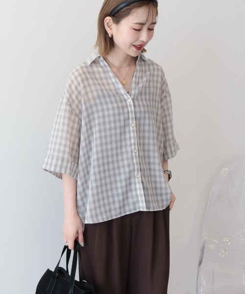 AMERICAN HOLIC（アメリカンホリック）の「【イージーケア】スキッパーチェックシャツ（シャツ/ブラウス・レディース・ベージュ/ブラック/ブルー・FREE）」の20枚目の写真