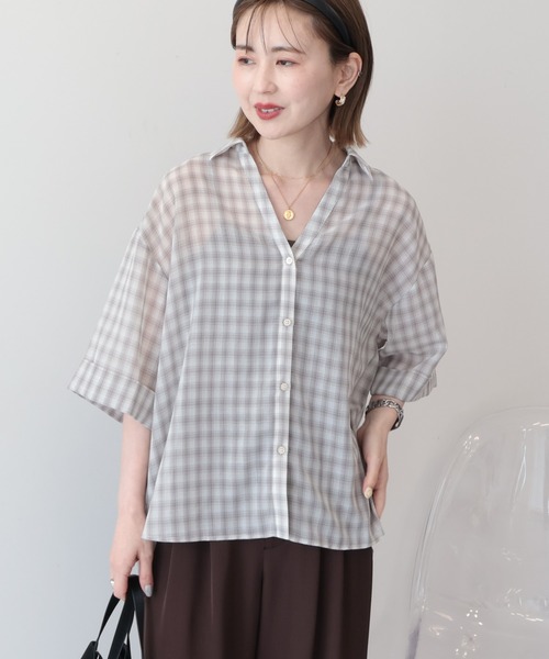 AMERICAN HOLIC（アメリカンホリック）の「【イージーケア】スキッパーチェックシャツ（シャツ/ブラウス・レディース・ベージュ/ブラック/ブルー・FREE）」の21枚目の写真