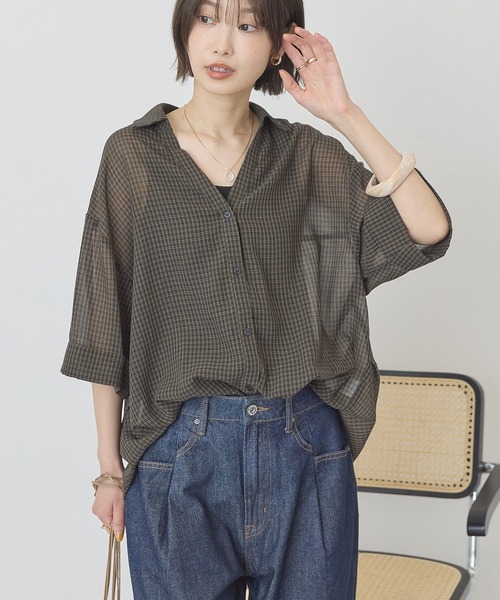 AMERICAN HOLIC（アメリカンホリック）の「【イージーケア】スキッパーチェックシャツ（シャツ/ブラウス・レディース・ベージュ/ブラック/ブルー・FREE）」の4枚目の写真