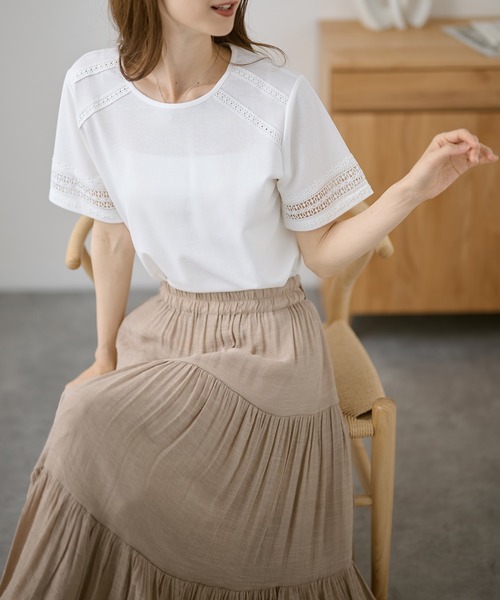 DAYRA(デイラ)の「レース テープ ライン 半袖 トップス(Tシャツ/カットソー・レディース・ホワイト/グレー・FREE)」の6枚目の写真