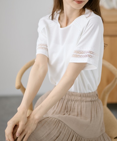 DAYRA(デイラ)の「レース テープ ライン 半袖 トップス(Tシャツ/カットソー・レディース・ホワイト/グレー・FREE)」の7枚目の写真