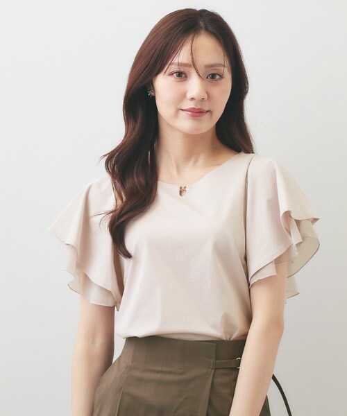 index(インデックス)の「【接触冷感/UVケア】シフォンフリルドッキングトップス《洗濯機OK》(Tシャツ/カットソー・レディース・ナチュラル/ブラウン系その他/ライトブルー・42/36/38/40)」の2枚目の写真