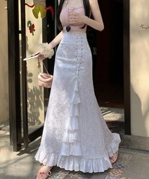 【Y2Kガーリー】レトロ フリルマーメイドスカート リボン付ハイウエストロングスカート