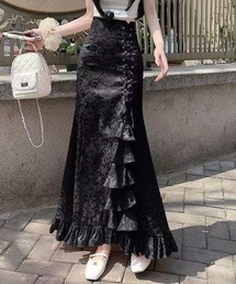 【Y2Kガーリー】レトロ フリルマーメイドスカート リボン付ハイウエストロングスカート