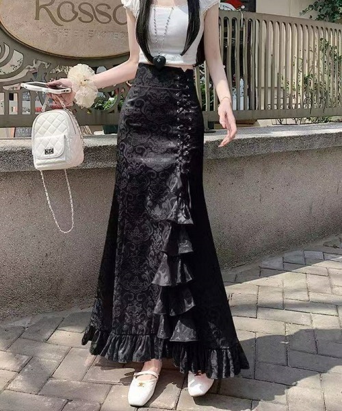 gossip!ロサンゼルス(ゴシップロサンゼルス)の「【Y2Kガーリー】レトロ フリルマーメイドスカート リボン付ハイウエストロングスカート(スカート・レディース・ホワイト/ピンク/ブラック・S/M)」の4枚目の写真