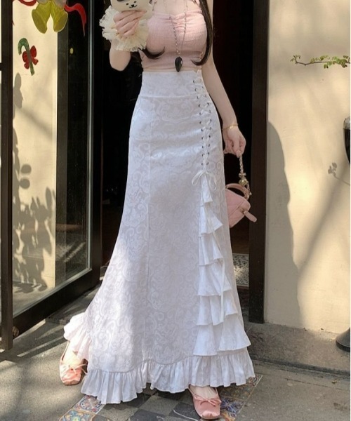 gossip!ロサンゼルス(ゴシップロサンゼルス)の「【Y2Kガーリー】レトロ フリルマーメイドスカート リボン付ハイウエストロングスカート(スカート・レディース・ホワイト/ピンク/ブラック・S/M)」の7枚目の写真
