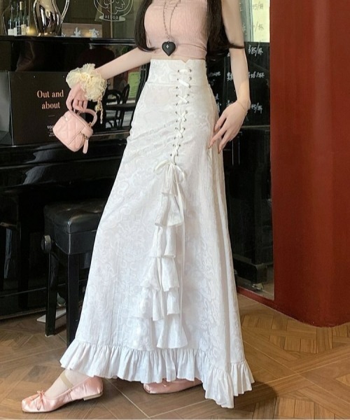 gossip!ロサンゼルス(ゴシップロサンゼルス)の「【Y2Kガーリー】レトロ フリルマーメイドスカート リボン付ハイウエストロングスカート(スカート・レディース・ホワイト/ピンク/ブラック・S/M)」の10枚目の写真