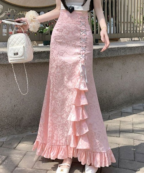 gossip!ロサンゼルス(ゴシップロサンゼルス)の「【Y2Kガーリー】レトロ フリルマーメイドスカート リボン付ハイウエストロングスカート(スカート・レディース・ホワイト/ピンク/ブラック・S/M)」の15枚目の写真
