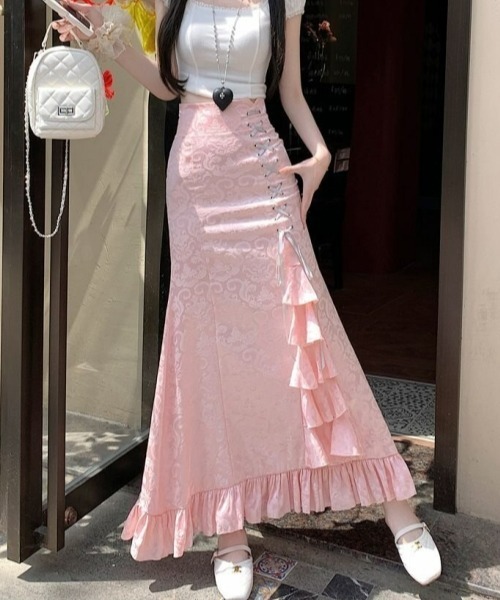 gossip!ロサンゼルス(ゴシップロサンゼルス)の「【Y2Kガーリー】レトロ フリルマーメイドスカート リボン付ハイウエストロングスカート(スカート・レディース・ホワイト/ピンク/ブラック・S/M)」の17枚目の写真