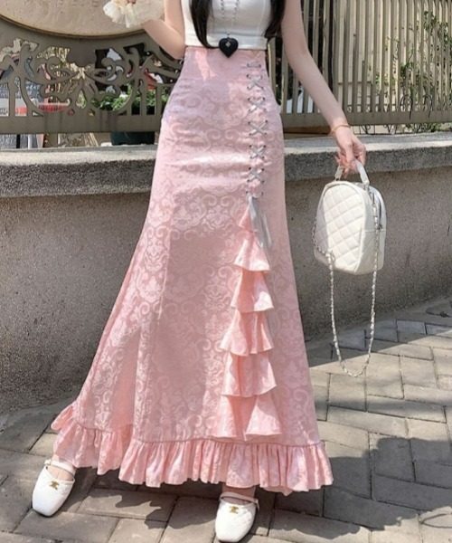 gossip!ロサンゼルス(ゴシップロサンゼルス)の「【Y2Kガーリー】レトロ フリルマーメイドスカート リボン付ハイウエストロングスカート(スカート・レディース・ホワイト/ピンク/ブラック・S/M)」の16枚目の写真