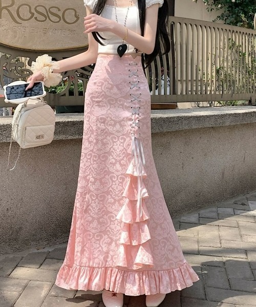 gossip!ロサンゼルス(ゴシップロサンゼルス)の「【Y2Kガーリー】レトロ フリルマーメイドスカート リボン付ハイウエストロングスカート(スカート・レディース・ホワイト/ピンク/ブラック・S/M)」の14枚目の写真