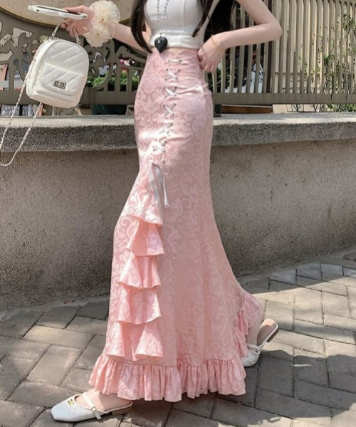 gossip!ロサンゼルス(ゴシップロサンゼルス)の「【Y2Kガーリー】レトロ フリルマーメイドスカート リボン付ハイウエストロングスカート(スカート・レディース・ホワイト/ピンク/ブラック・S/M)」の19枚目の写真