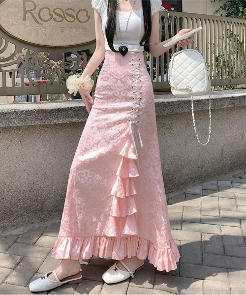 gossip!ロサンゼルス(ゴシップロサンゼルス)の「【Y2Kガーリー】レトロ フリルマーメイドスカート リボン付ハイウエストロングスカート(スカート・レディース・ホワイト/ピンク/ブラック・S/M)」の20枚目の写真