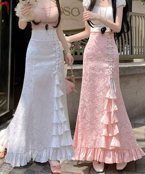 gossip!ロサンゼルス(ゴシップロサンゼルス)の「【Y2Kガーリー】レトロ フリルマーメイドスカート リボン付ハイウエストロングスカート(スカート・レディース・ホワイト/ピンク/ブラック・S/M)」の12枚目の写真