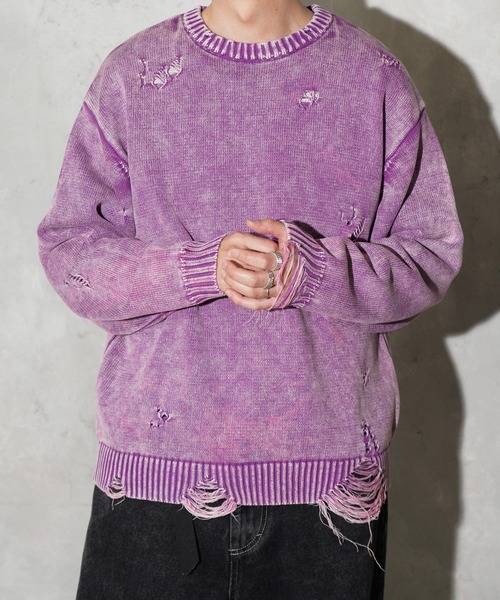 TOWNCRAFT（タウンクラフト）の「TOWNCRAFT / タウンクラフト COTTON DAMAGED CREW SWEATER コットン ダメージ クルーセーター（ニット/セーター・メンズ・ブルー/パープル/レッド/ブラック・MEDIUM/LARGE）」の3枚目の写真