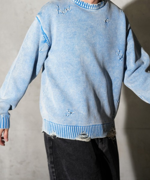 TOWNCRAFT（タウンクラフト）の「TOWNCRAFT / タウンクラフト COTTON DAMAGED CREW SWEATER コットン ダメージ クルーセーター（ニット/セーター・メンズ・ブルー/パープル/レッド/ブラック・MEDIUM/LARGE）」の2枚目の写真