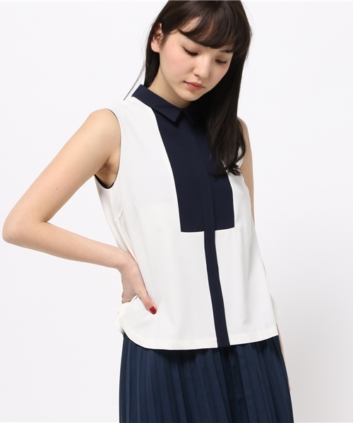 OUTLET(アウトレット)の「【'PalinkA】配色切替ノースリP/O(シャツ/ブラウス・レディース・ホワイト/ベージュ・38)」の1枚目の写真