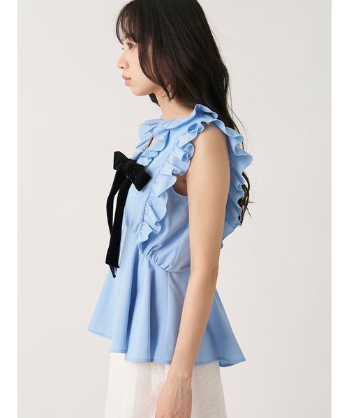 SNIDEL(スナイデル)の「【WEB限定カラーあり】フリルボウタイノースリブラウス(シャツ/ブラウス・レディース・ホワイト/ブルー/チェック/ピンク・F)」の12枚目の写真