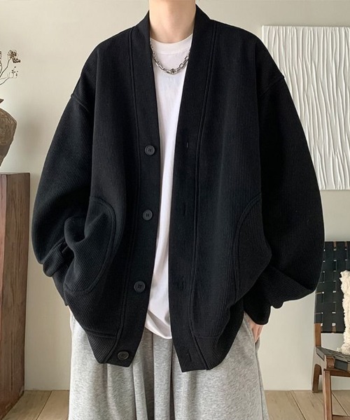 KELVIN(ケルヴァン)の「Volume Knit Cardigan ボリュームニットカーディガン(ニット/セーター・メンズ・グレー/ブラック・MEDIUM/LARGE)」の1枚目の写真