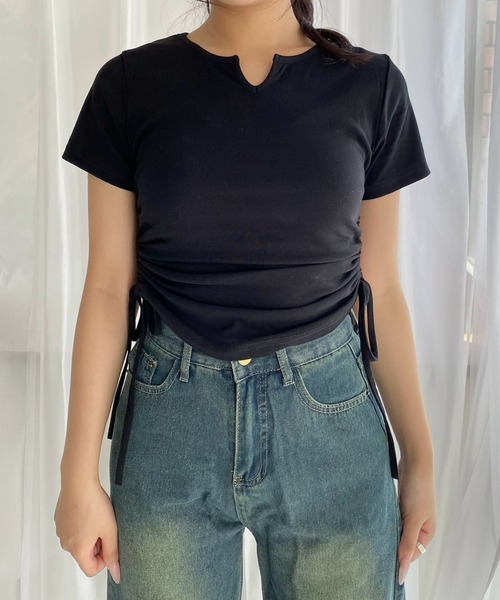 merrylatte(メリーラテ)の「ドローコード半袖Tシャツ(Tシャツ/カットソー・レディース・ブラック・MEDIUM)」の2枚目の写真