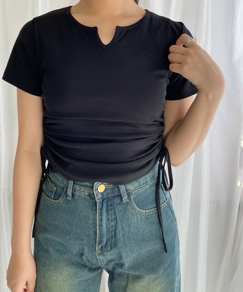 merrylatte(メリーラテ)の「ドローコード半袖Tシャツ(Tシャツ/カットソー・レディース・ブラック・MEDIUM)」の3枚目の写真