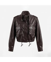 Multi-Pocket High-Neck String Crop Leather Jacket (2colors)