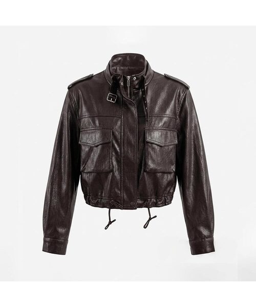 VASCARA(バスカラ)の「Multi-Pocket High-Neck String Crop Leather Jacket (2colors)(ライダースジャケット・レディース・ブラック/ブラウン・FREE)」の2枚目の写真