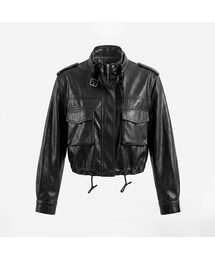 Multi-Pocket High-Neck String Crop Leather Jacket (2colors)