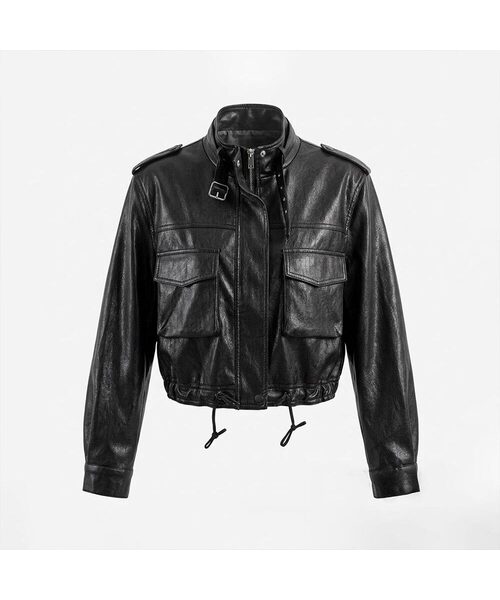 VASCARA(バスカラ)の「Multi-Pocket High-Neck String Crop Leather Jacket (2colors)(ライダースジャケット・レディース・ブラック/ブラウン・FREE)」の1枚目の写真