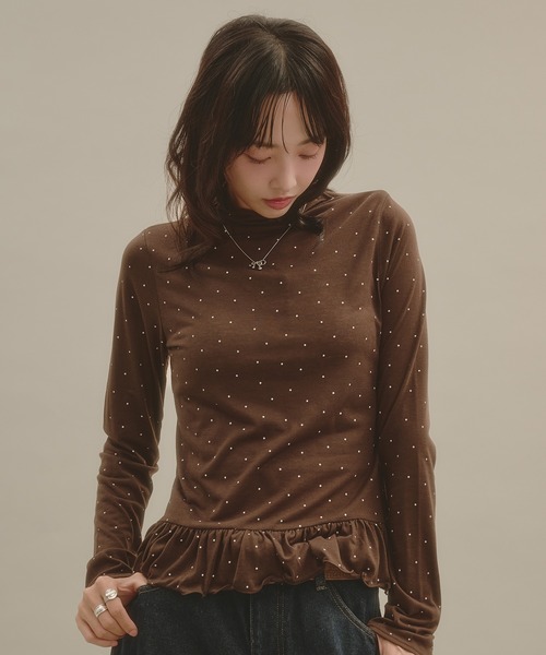 apres jour mignon(アプレジュールミニョン)の「シアーハイネック裾フリルプルオーバー(Tシャツ/カットソー・レディース・ボルドー/ナチュラル/ブルー系その他/アイボリー/ブラウン系その他・LARGE/フリー)」の1枚目の写真