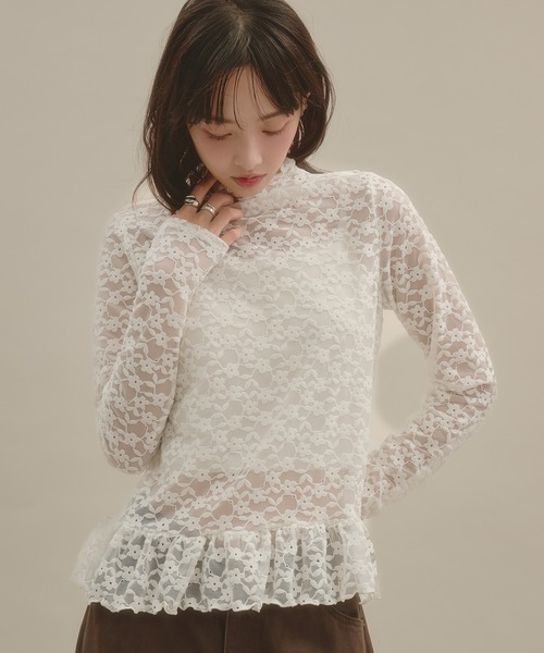 apres jour mignon(アプレジュールミニョン)の「シアーハイネック裾フリルプルオーバー(Tシャツ/カットソー・レディース・ボルドー/ナチュラル/ブルー系その他/アイボリー/ブラウン系その他・LARGE/フリー)」の2枚目の写真
