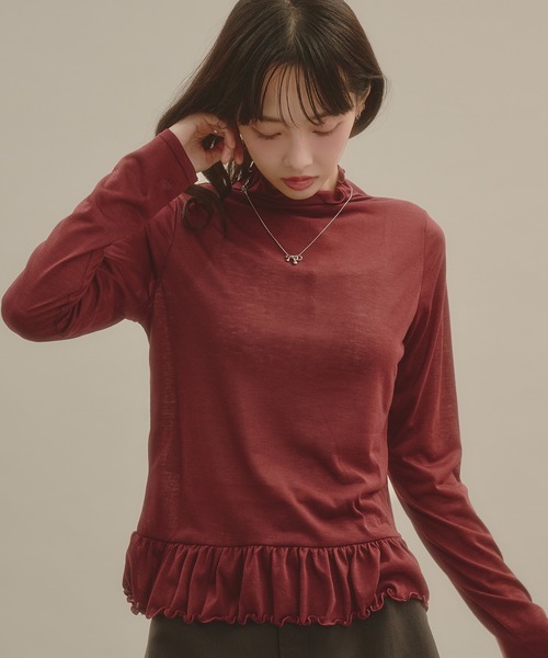 apres jour mignon(アプレジュールミニョン)の「シアーハイネック裾フリルプルオーバー(Tシャツ/カットソー・レディース・ボルドー/ナチュラル/ブルー系その他/アイボリー/ブラウン系その他・LARGE/フリー)」の5枚目の写真