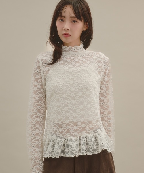 apres jour mignon(アプレジュールミニョン)の「シアーハイネック裾フリルプルオーバー(Tシャツ/カットソー・レディース・ボルドー/ナチュラル/ブルー系その他/アイボリー/ブラウン系その他・LARGE/フリー)」の7枚目の写真