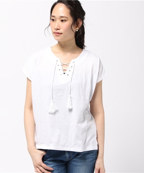 VENCEEXCHANGE（ヴァンスエクスチェンジ）の「胸レースアップT     （Tシャツ/カットソー・レディース・オリーブ/オフホワイト/ブラック・MEDIUM）」の11枚目の写真