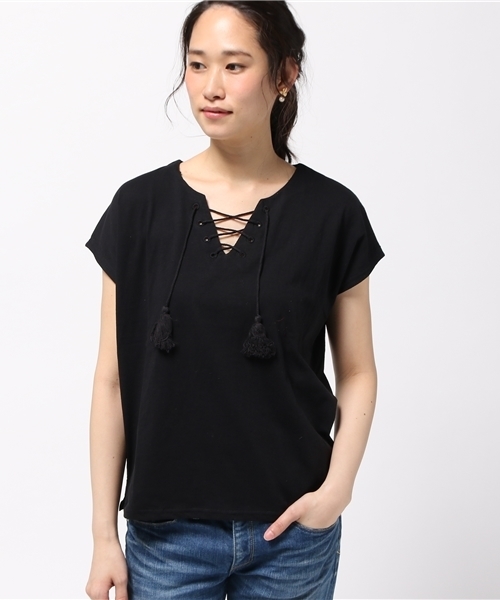 VENCEEXCHANGE（ヴァンスエクスチェンジ）の「胸レースアップT     （Tシャツ/カットソー・レディース・オリーブ/オフホワイト/ブラック・MEDIUM）」の12枚目の写真