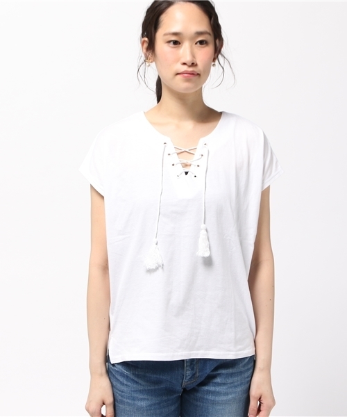 VENCEEXCHANGE（ヴァンスエクスチェンジ）の「胸レースアップT     （Tシャツ/カットソー・レディース・オリーブ/オフホワイト/ブラック・MEDIUM）」の4枚目の写真