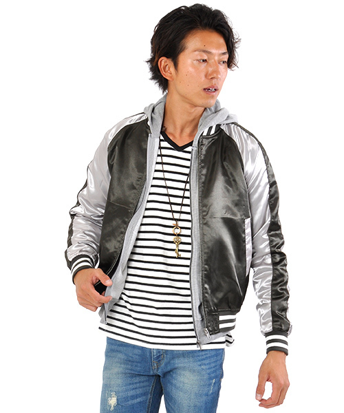 SPADE（スペード）の「ストリートサテン長袖スカジャン（スカジャン・メンズ・カーキ/ワイン/ブラック×ブラック/ブラック×シルバー/ネイビー/ブラック×ゴールド・X-LARGE/SMALL/MEDIUM/LARGE）」の4枚目の写真