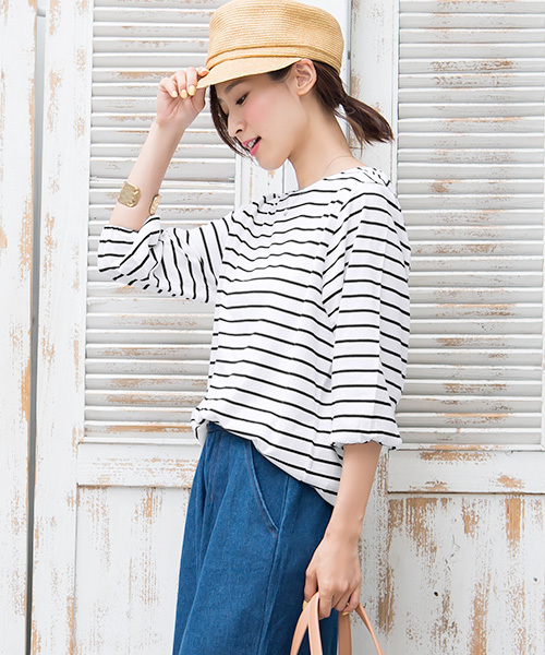 Pierrot（ピエロ）の「コットン100％ バルーンスリーブ Tシャツ（Tシャツ/カットソー・レディース・チャコールグレー/ホワイト×ブラック/ブラック/カーキ/ネイビー/ホワイト/キャメル・L/M）」の2枚目の写真