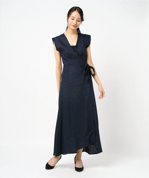 three dots（スリードッツ）の「クラシックリネン ラップドレス（ワンピース・レディース・ライトグレー/ネイビー/アイボリー・SMALL）」の3枚目の写真